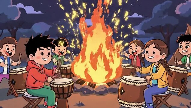Cartoon Campfire Drum Circle - A Night of Music and Fun.