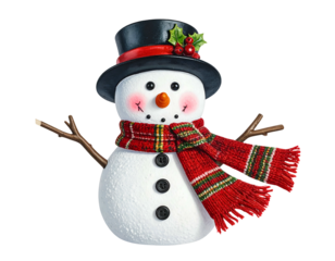Festive snowman in top hat, scarf, with holly accents