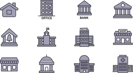 Collection of twelve distinct urban and civic building outline icons representing various functions like residential commercial and government structures clearly labeled.