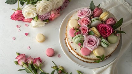 Elegant Biscuit Cake with Roses and Colorful Macarons - 9