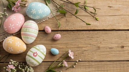 Easter Eggs on Rustic Wooden Background