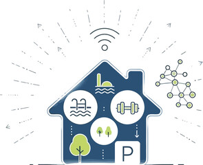 Concept illustration showcasing smart home technology integration managing various amenities like fitness pool landscaping and parking via wireless network connectivity
