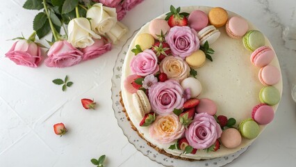 Elegant Biscuit Cake with Roses and Colorful Macarons - 8