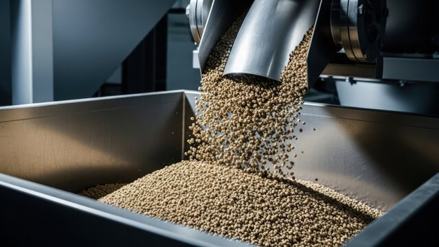 Small light brown pellets cascade from a steel spout into a large bin, part of an automated process