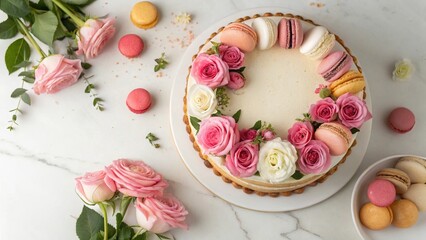 Elegant Biscuit Cake with Roses and Colorful Macarons - 1