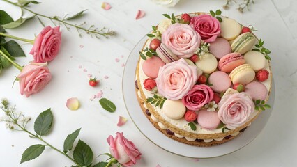 Elegant Biscuit Cake with Roses and Colorful Macarons