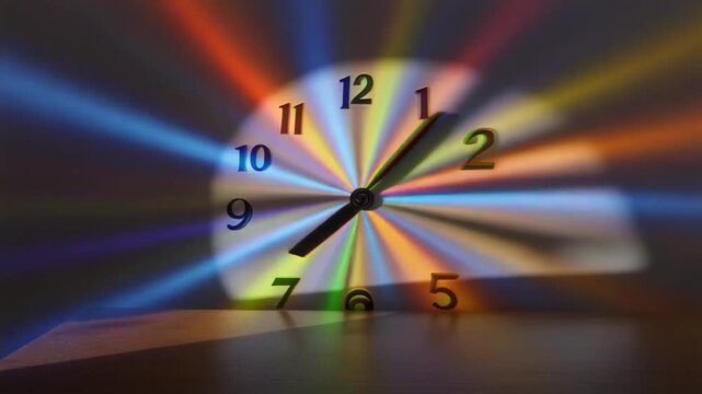 Time passing by as a colorful spectrum of light rays emanates from a clock face