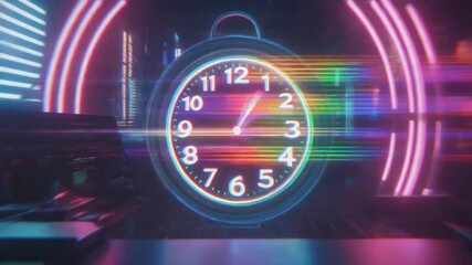 Captivating neon-lit alarm clock glowing amidst a futuristic cityscape with dynamic light trails and digital effects, symbolizing the accelerated pace of time and innovation - Powered by Adobe