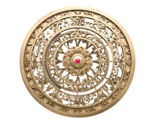 Intricate circular golden mandala with central red gem