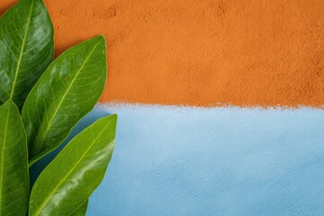 オレンジ色と青色の背景に緑の葉がある