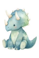 Fototapeta premium Cute watercolor baby triceratops illustration, blue and green dinosaur art for nursery or kids design