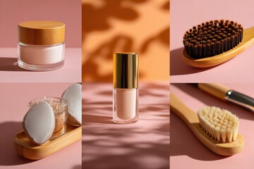 Pastel orange branding collage with skincare items in flat lay