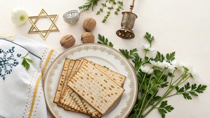 Passover Concept with Traditional Symbols and Copy Space