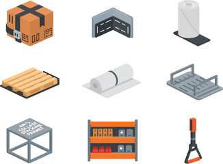 Isometric Warehouse and Logistics Equipment Icons Set.