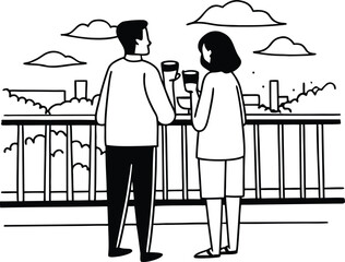 Couple drinking coffee on the balcony looking at the city view line art illustration.