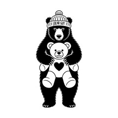 Cute Bear Holding Teddy Bear Black and White Illustration