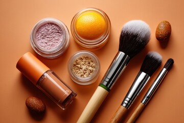 Pastel orange makeup mood board with jars and brushes