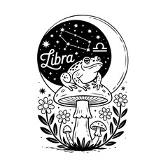 Libra Zodiac Frog on Mushroom Fantasy Line Art Illustration