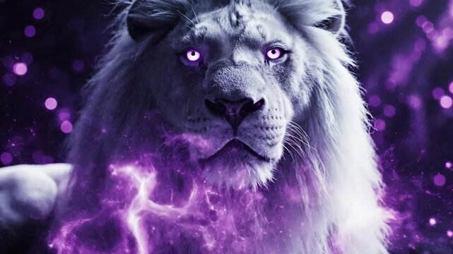 A majestic white lion emanating vibrant purple mystical energy with glowing eyes in a dark, magical setting, symbolizing power and enchantment