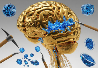 Golden brain with robotic arms extracting blue data crystals mining concept.
