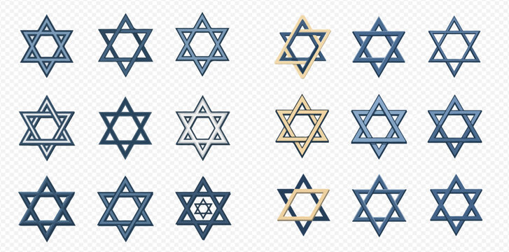 Collection of Star of David symbols in various styles and colors, representing Jewish faith and heritage.
