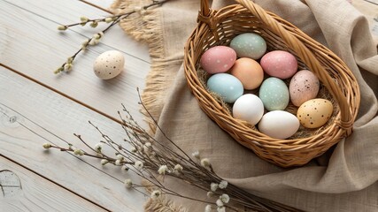 Wicker Basket with Colorful Easter Eggs on Wooden Table - 3