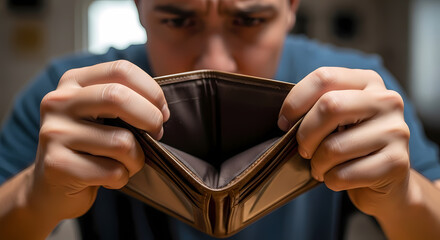 Hands holding empty wallet showing financial hardship and money problems