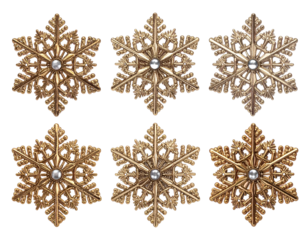 Six ornate golden snowflake ornaments with detailed intricate designs