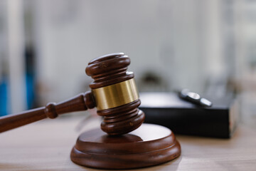 wooden gavel, a wooden legal gavel on an office desk, Judge gavel, Law,