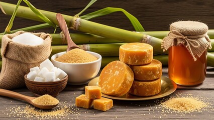 Composition of various types of sugar and sweeteners including sugarcane stalks, jaggery, granulated sugar, cubes and syrup on dark wooden background