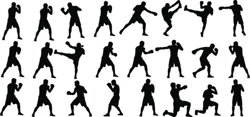 Obraz premium Action, silhouettes, of, fighters, performing, boxing, stances, martial, arts, kicks, and, punches, set, on, white, background, for, combat, sports, training, exercise, fitness, and, competition.