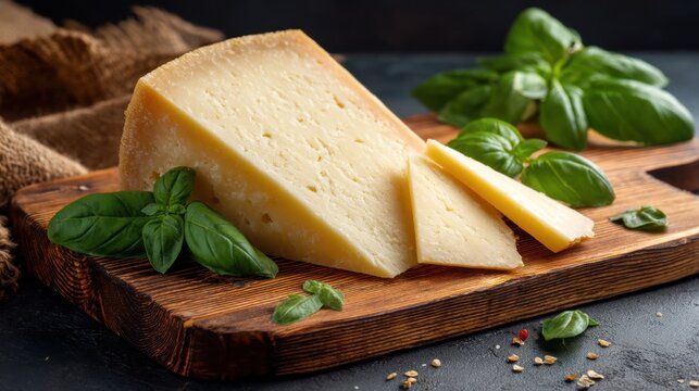 Aged parmesan cheese with fresh basil on rustic wooden board.