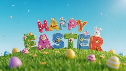 Happy easter sunday greeting with colorful eggs and bunny