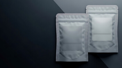 Blank silver foil pouches for packaging on dark background
