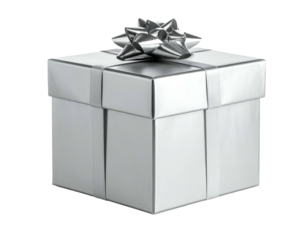 Shiny silver gift box with a festive ribbon and bow