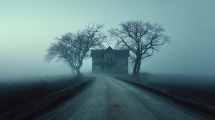 Obraz premium Haunting rural house with bare trees in foggy landscape.