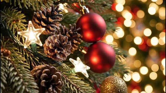 Christmas lights with glowing stars string hanging from fir branches adorned with pine cones and red baubles