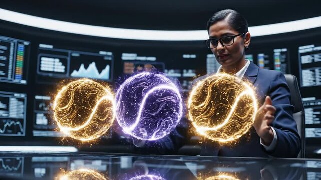 Chief Financial Officer Manipulating Glowing Spheres of Data and Energy in Futuristic Office Setting