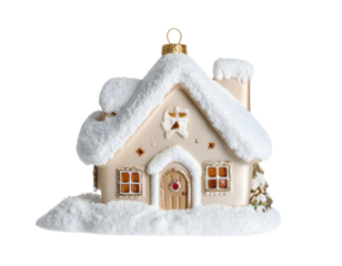Festive snow-covered gingerbread house ornament with tree