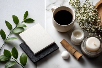 Minimalist white board with coffee cups and skincare swatches