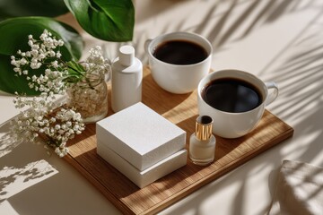 Minimalist white board with coffee cups and skincare swatches