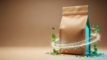 Eco friendly coffee bag with green leaves and sparkling lights