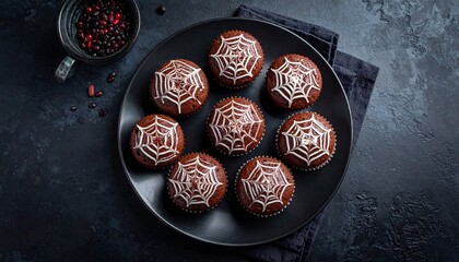 Chocolate cupcakes with spider web icing on black plate — dark moody Halloween dessert top view