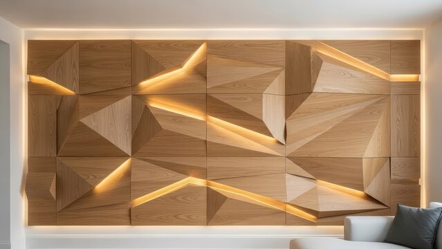 Modern geometric wood wall paneling with integrated warm LED lighting, creating a dramatic and luxurious interior design.