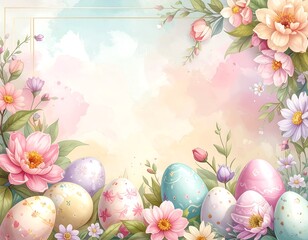 Easter Eggs and Flowers Spring Background.