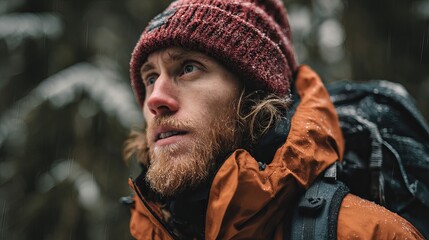 Obraz premium Bearded man in winter gear hiking in snowy forest with backpack