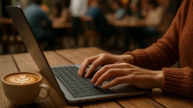 Close-up of woman hands typing on laptop keyboard, with coffee cup nearby, in warmly lit cafe with people in background. Concept of freelancing and remote work in pleasant informal atmosphere