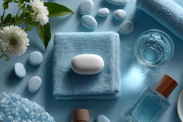 Soft pastel blue mood board with water textures and spa products