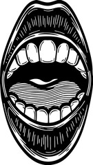An open mouth with visible teeth and tongue illustration in a black and white style