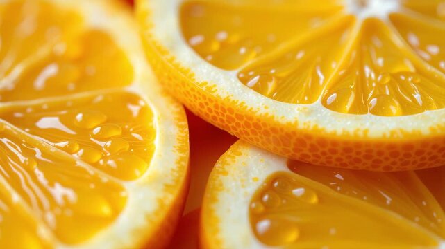 Slices of orange with juice droplets. Concept of freshness and natural. Breakfast or snack. Nutrition for vegans, vegetarians, and people leading healthy lifestyle. Organic food rich in vitamins